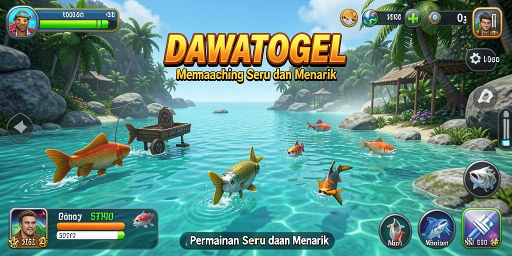 Screenshot gameplay DAWATOGEL dengan aksi memancing yang seru.