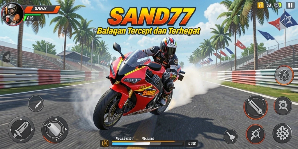 Screenshot SAND77 menampilkan aksi balapan motor yang mengasyikkan.