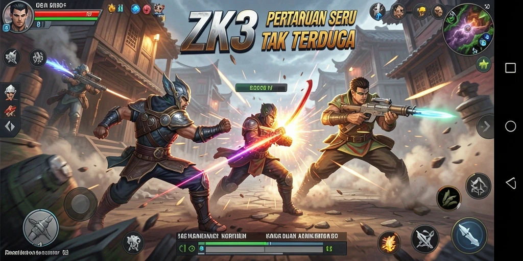 Tampilan gameplay ZK3 yang mendebarkan saat pertarungan antar karakter.
